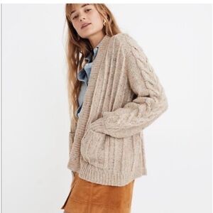 Bubble-Sleeve Cableknit Cardigan Sweater